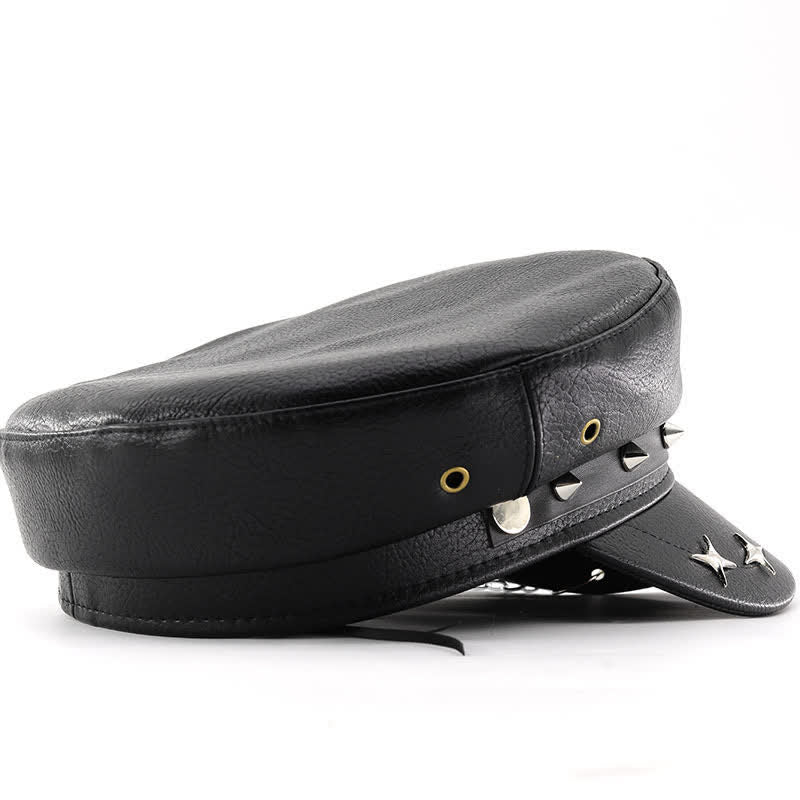 Punk Style Skull & Skeleton Hand Chain Leather Beret Hat - Image 4
