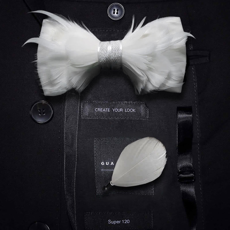 Pure White Prince Feather Bow Tie with Lapel Pin