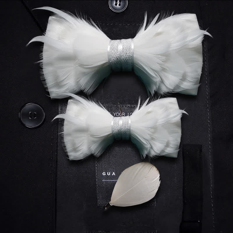 Pure White Prince Feather Bow Tie with Lapel Pin - Image 5