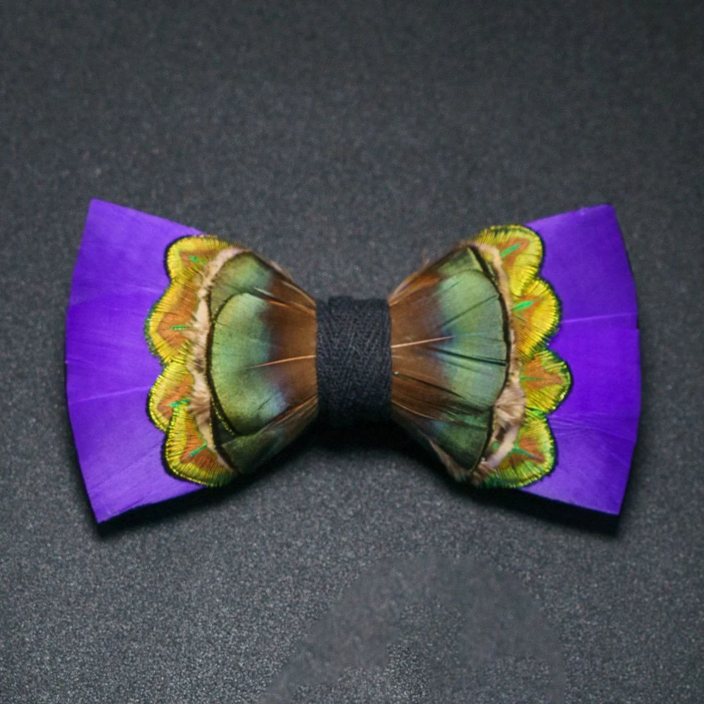 Purple & Green Royal Feather Bow Tie with Lapel Pin - Image 3