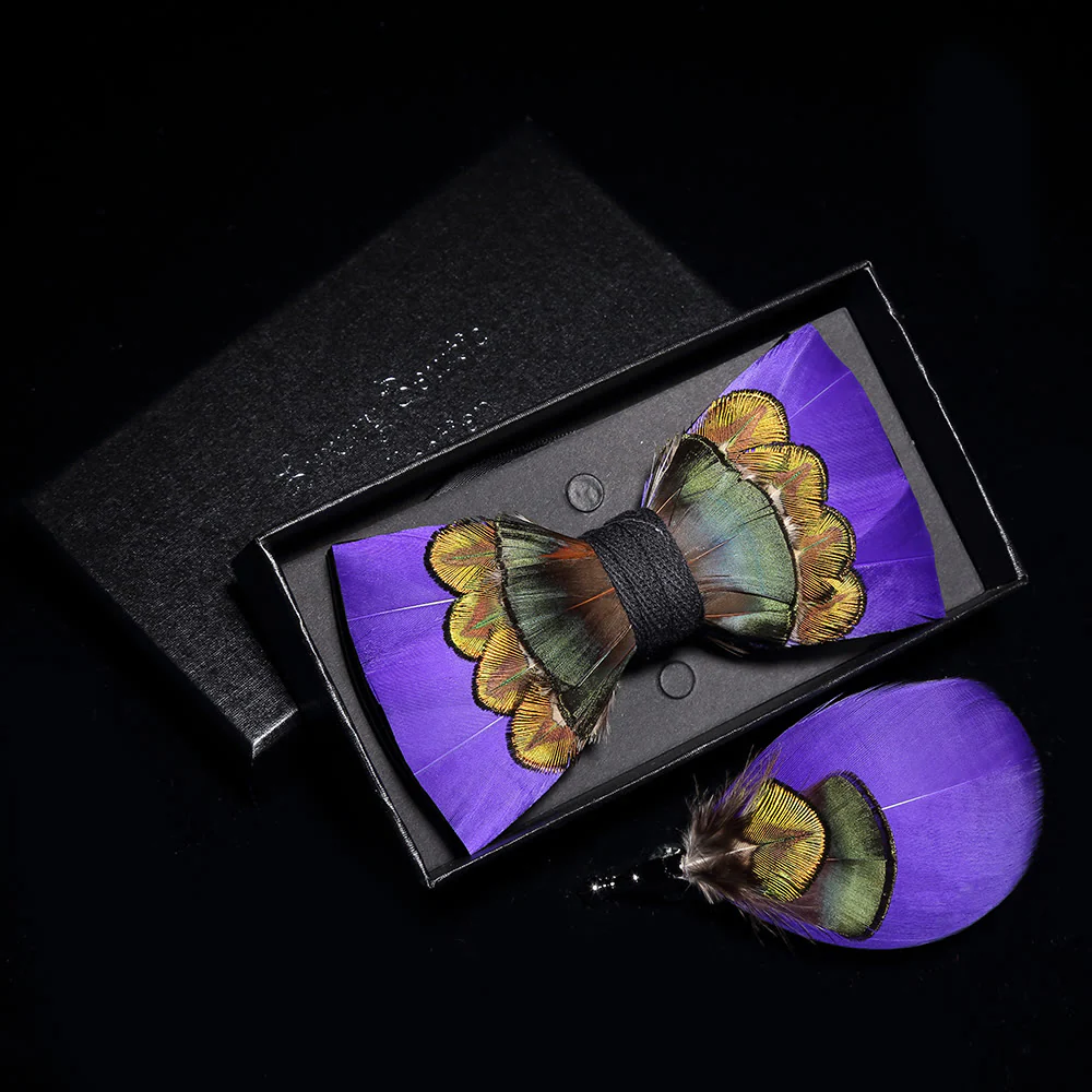 Purple & Green Royal Feather Bow Tie with Lapel Pin - Image 4