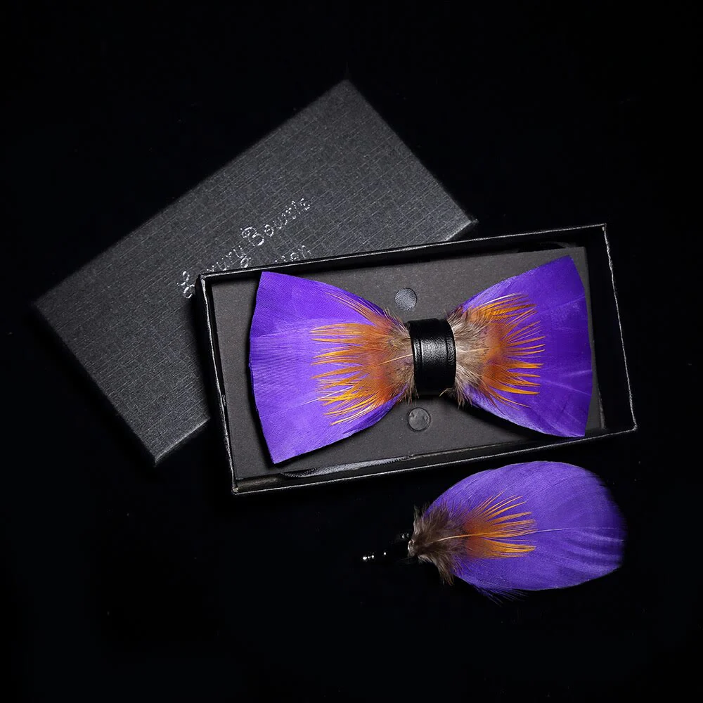 Purple & Orange Embellished Feather Bow Tie with Lapel Pin - Image 2