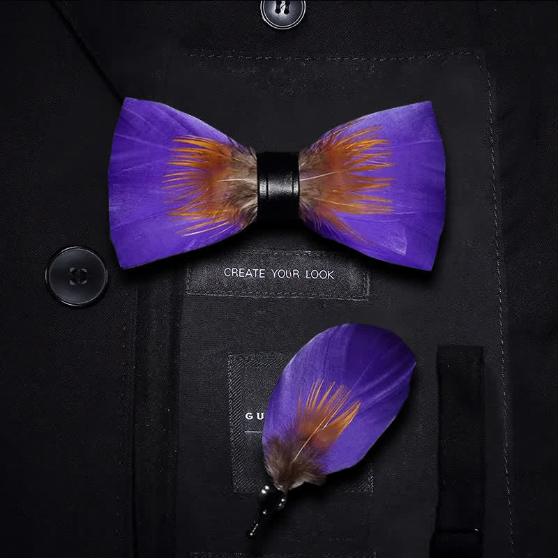 Purple & Orange Embellished Feather Bow Tie with Lapel Pin - Image 5