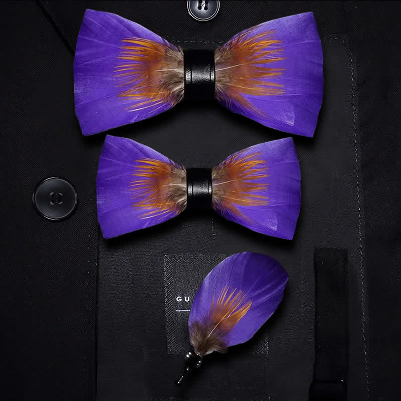Purple & Orange Embellished Feather Bow Tie with Lapel Pin - Image 6