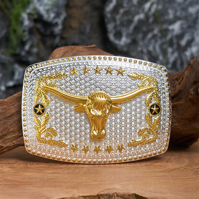 Rectangular DIY Two Tone Bull Head Large Buckle Leather Belt