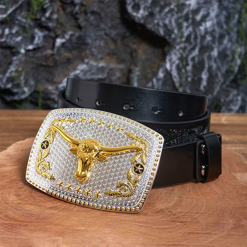 Rectangular DIY Two Tone Bull Head Large Buckle Leather Belt - Image 2
