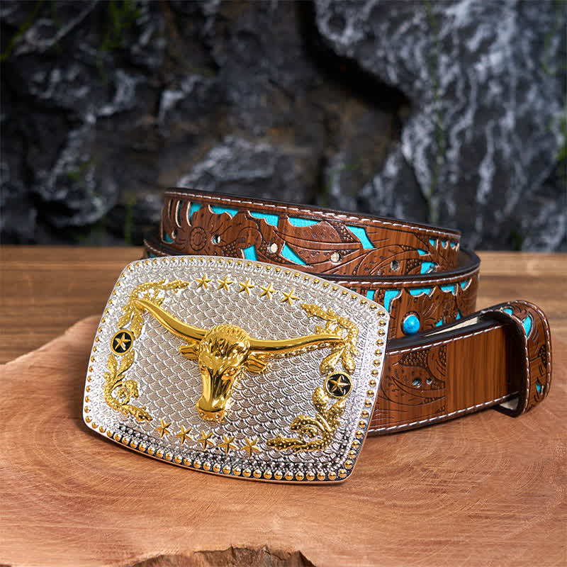 Rectangular DIY Two Tone Bull Head Large Buckle Leather Belt - Image 5