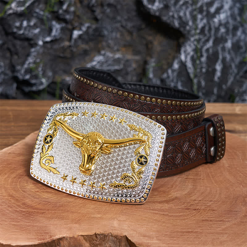 Rectangular DIY Two Tone Bull Head Large Buckle Leather Belt - Image 6
