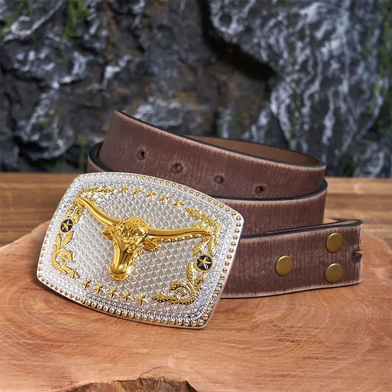 Rectangular DIY Two Tone Bull Head Large Buckle Leather Belt - Image 7