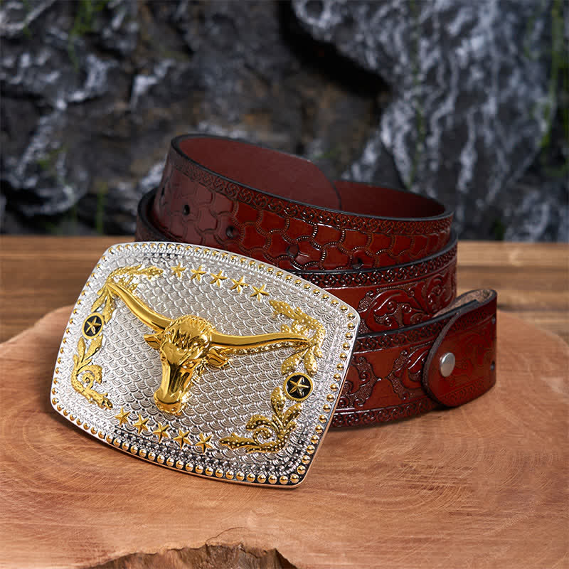 Rectangular DIY Two Tone Bull Head Large Buckle Leather Belt - Image 8