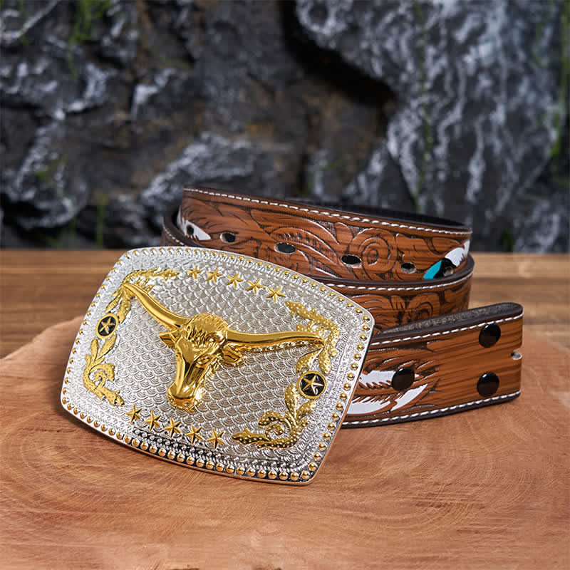 Rectangular DIY Two Tone Bull Head Large Buckle Leather Belt - Image 9