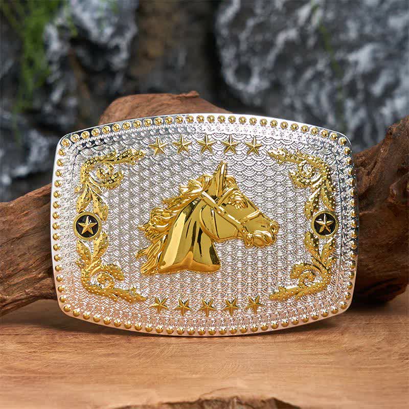 Rectangular DIY Two Tone Horse Head Large Buckle Leather Belt