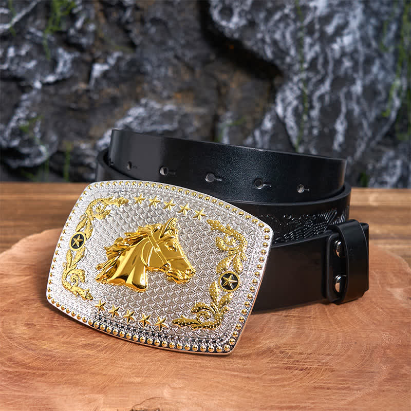 Rectangular DIY Two Tone Horse Head Large Buckle Leather Belt - Image 4