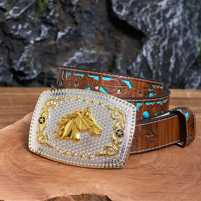 Rectangular DIY Two Tone Horse Head Large Buckle Leather Belt - Image 5