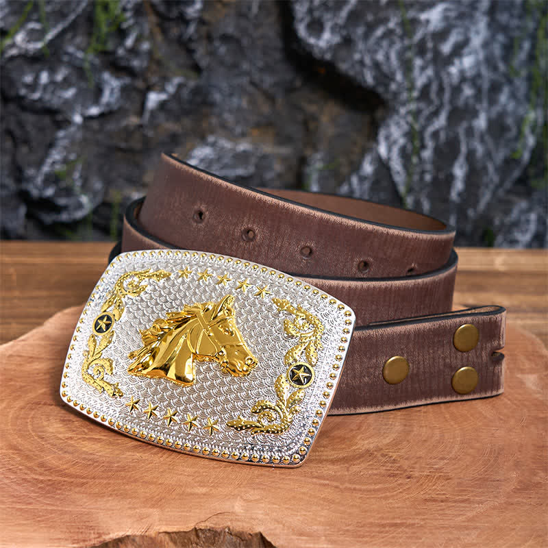 Rectangular DIY Two Tone Horse Head Large Buckle Leather Belt - Image 7