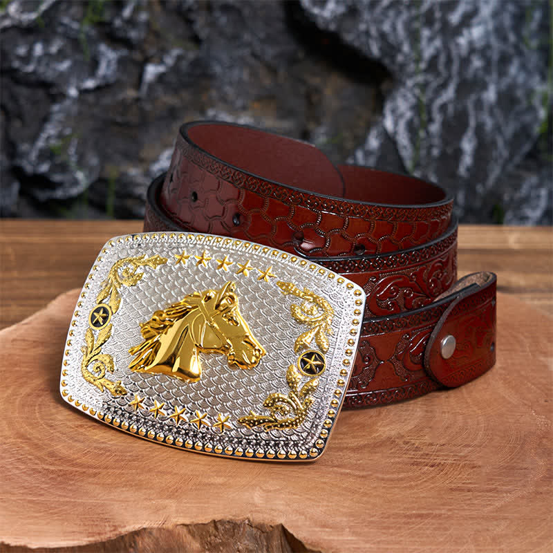 Rectangular DIY Two Tone Horse Head Large Buckle Leather Belt - Image 8