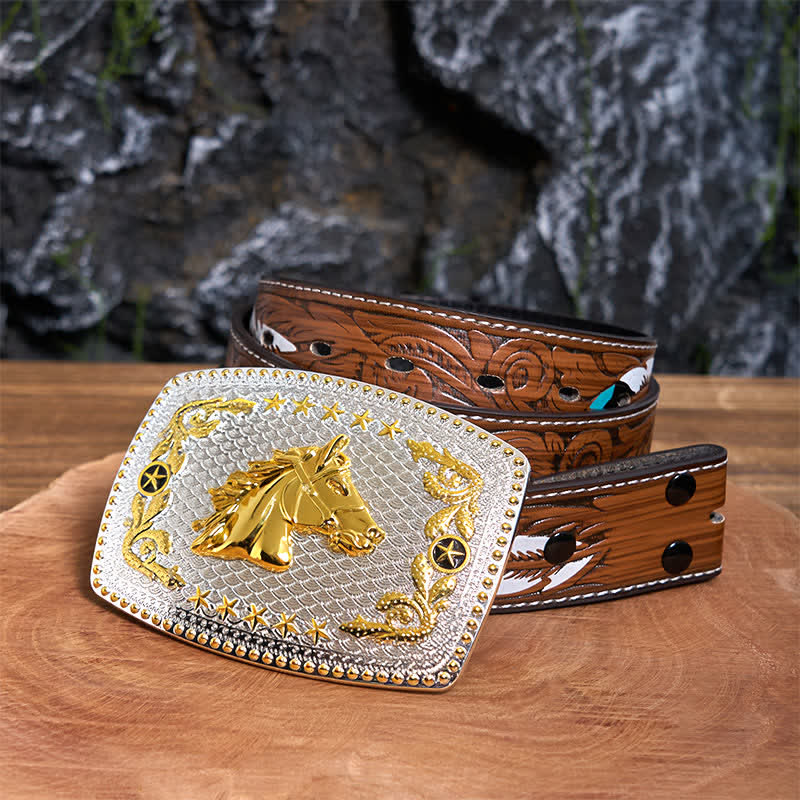 Rectangular DIY Two Tone Horse Head Large Buckle Leather Belt - Image 9