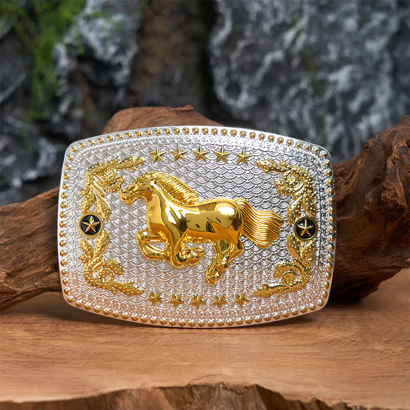 Rectangular DIY Two Tone Running Horse Large Buckle Leather Belt