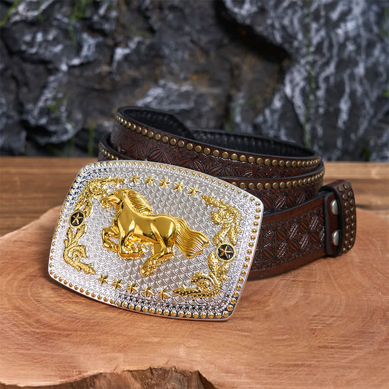 Rectangular DIY Two Tone Running Horse Large Buckle Leather Belt - Image 6
