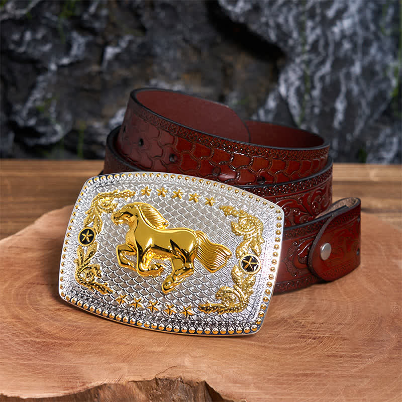 Rectangular DIY Two Tone Running Horse Large Buckle Leather Belt - Image 8
