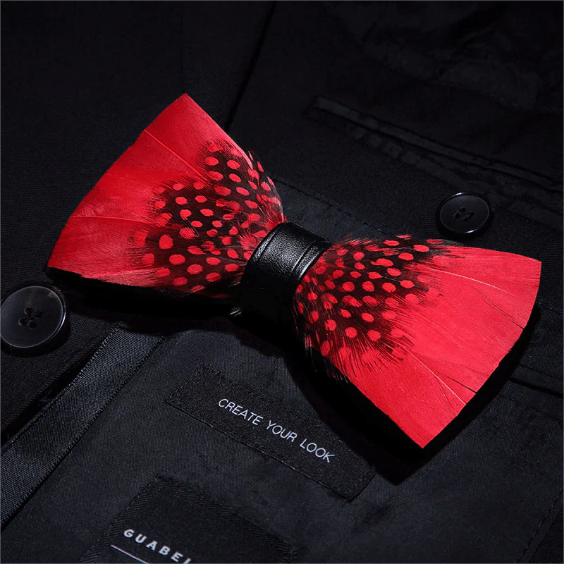 Red & Black Finch Feather Bow Tie with Lapel Pin - Image 3