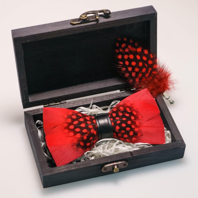 Red & Black Finch Feather Bow Tie with Lapel Pin - Image 6