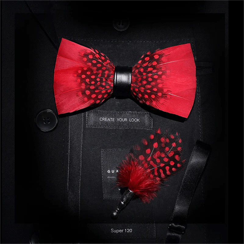 Red & Black Finch Feather Bow Tie with Lapel Pin - Image 8