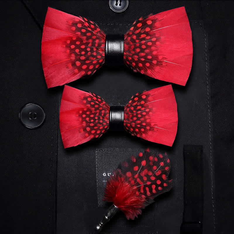 Red & Black Finch Feather Bow Tie with Lapel Pin - Image 9