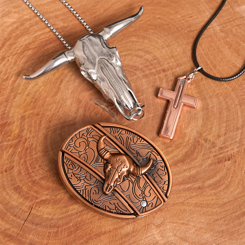 Red Bronze Bull DIY Hidden Knife Belt Buckle Cross Necklace Bundle Set - Image 2