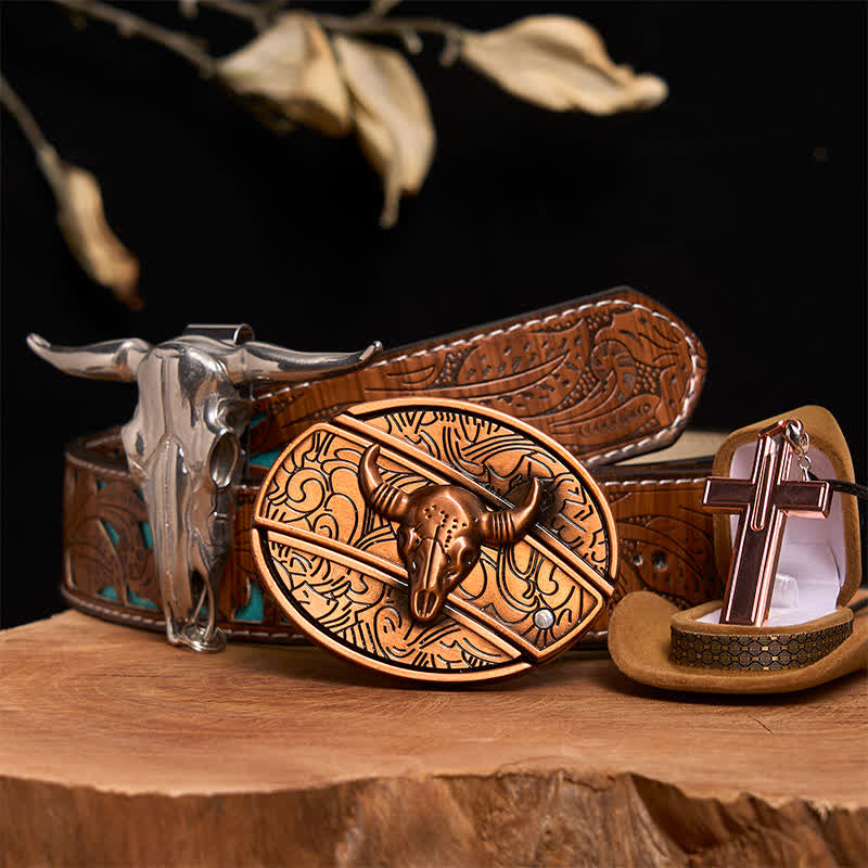 Red Bronze Bull DIY Hidden Knife Belt Buckle Cross Necklace Bundle Set - Image 5