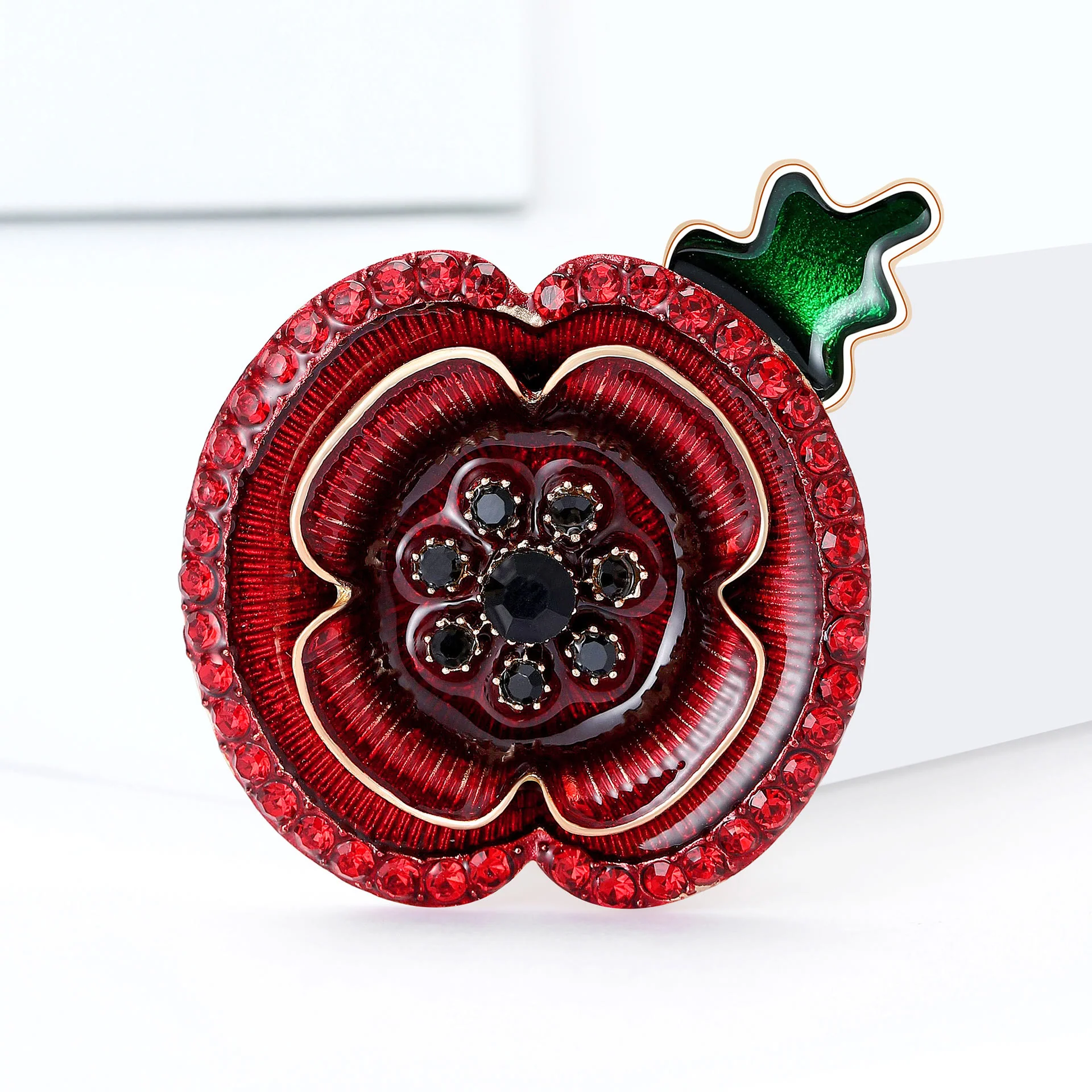 Red Crystal Poppy Shape Green Stem Gold Accent Brooch