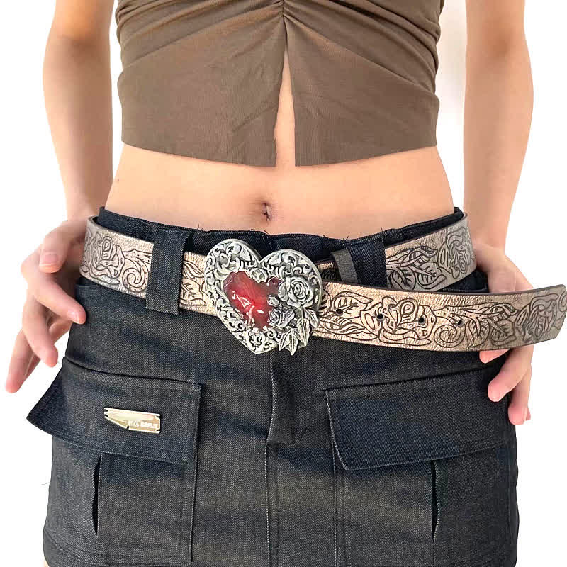 Red Enamel Heart Embossed Rose Pattern Leather Belt - Image 2
