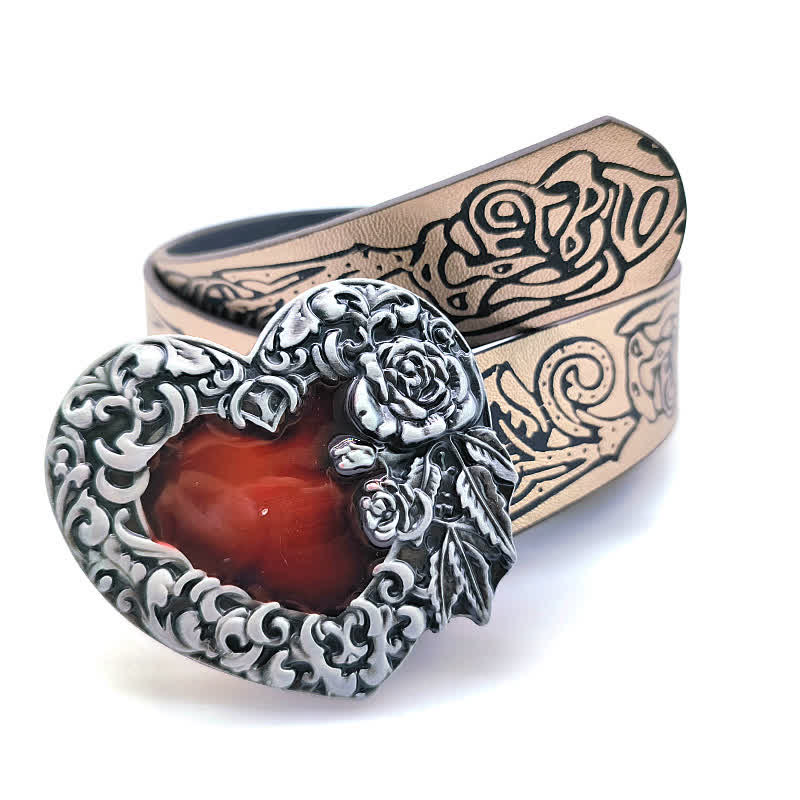 Red Enamel Heart Embossed Rose Pattern Leather Belt - Image 3