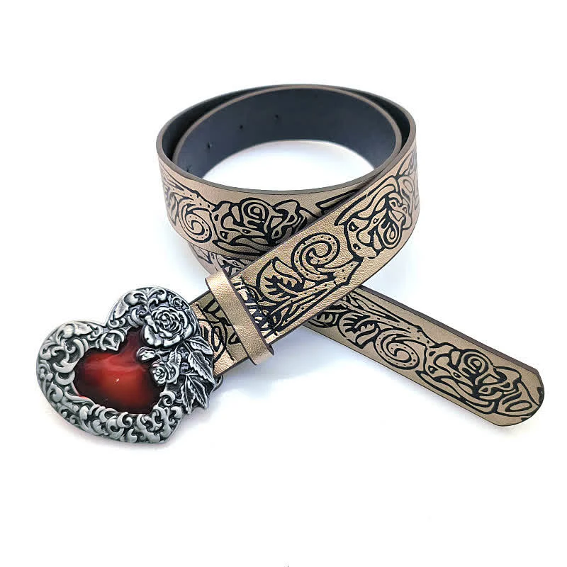 Red Enamel Heart Embossed Rose Pattern Leather Belt - Image 4