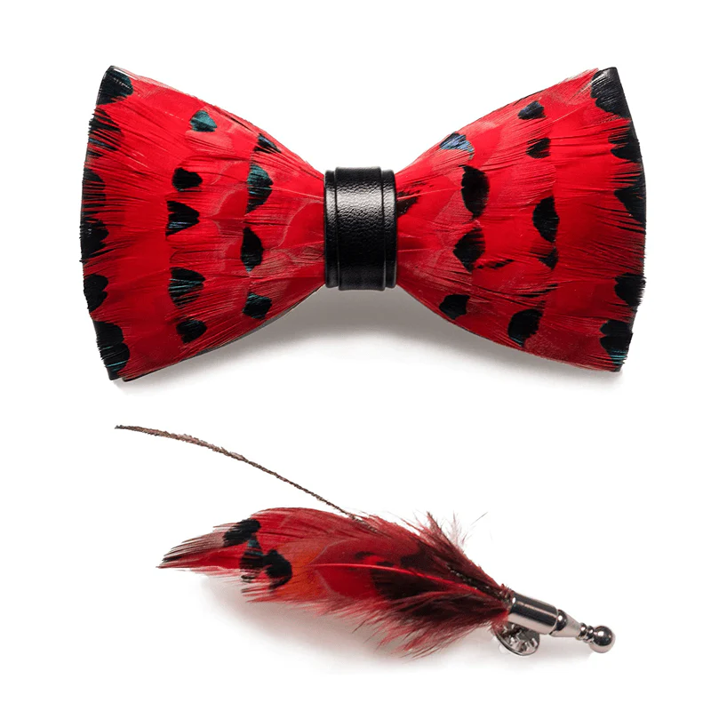 Red Finch Tail Feather Bow Tie with Lapel Pin - Image 4