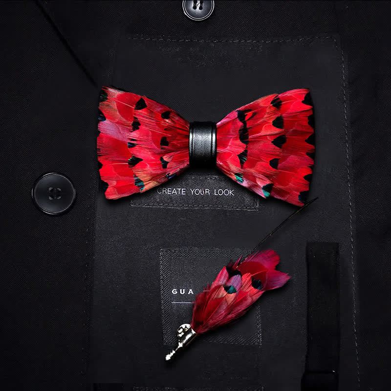 Red Finch Tail Feather Bow Tie with Lapel Pin - Image 6
