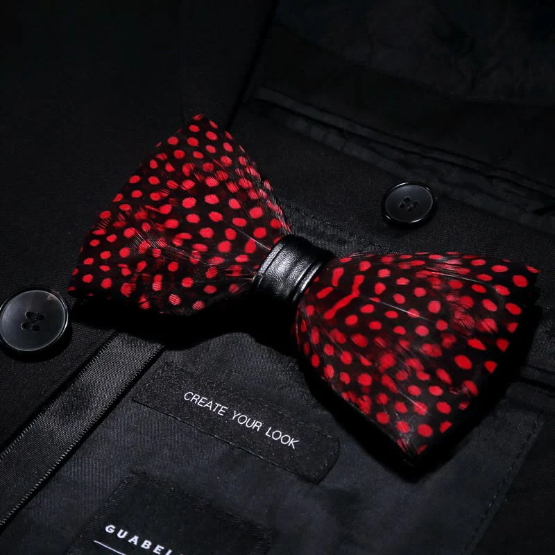 Red Polka Dots Feather Bow Tie with Lapel Pin - Image 2