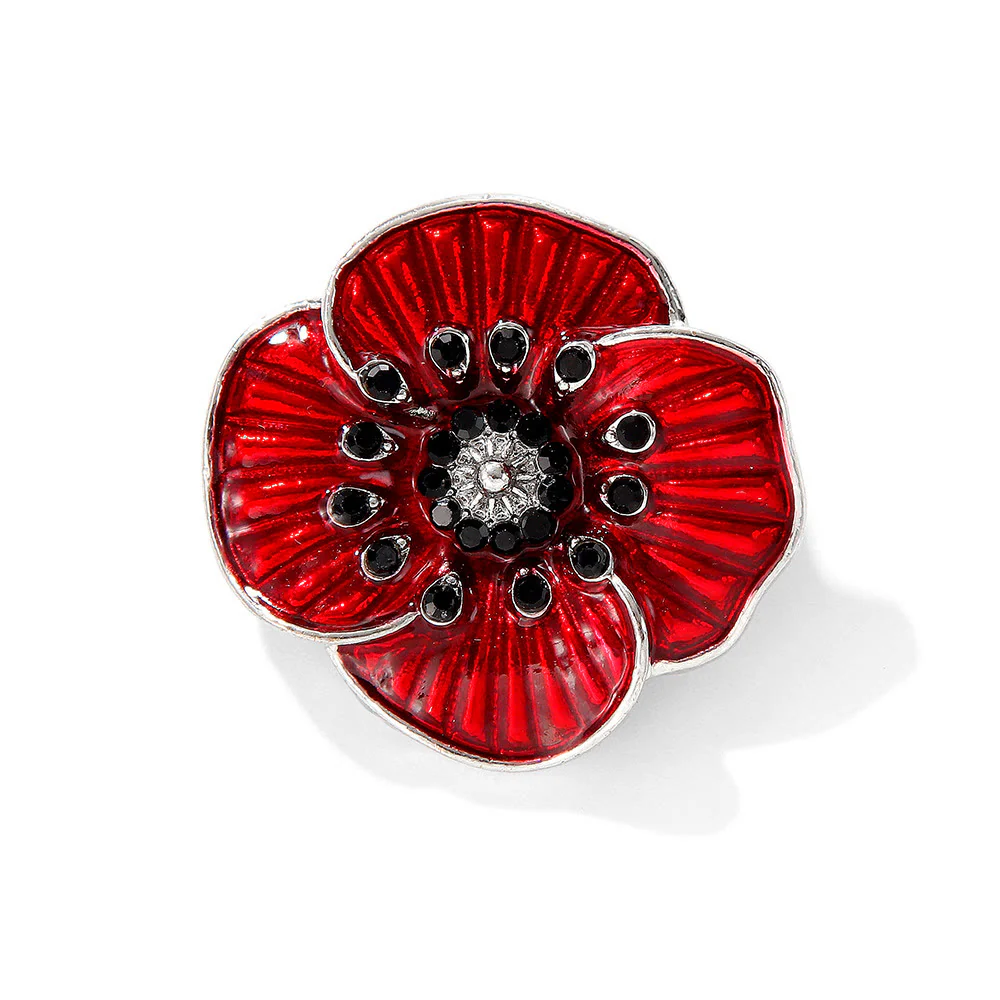 Red Poppy Gem Embellished Silver Trim Brooch