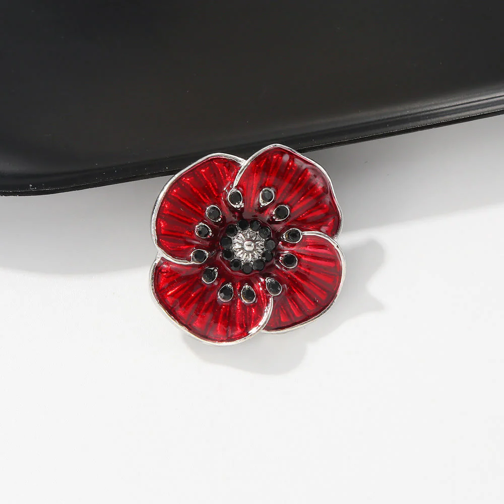 Red Poppy Gem Embellished Silver Trim Brooch - Image 2