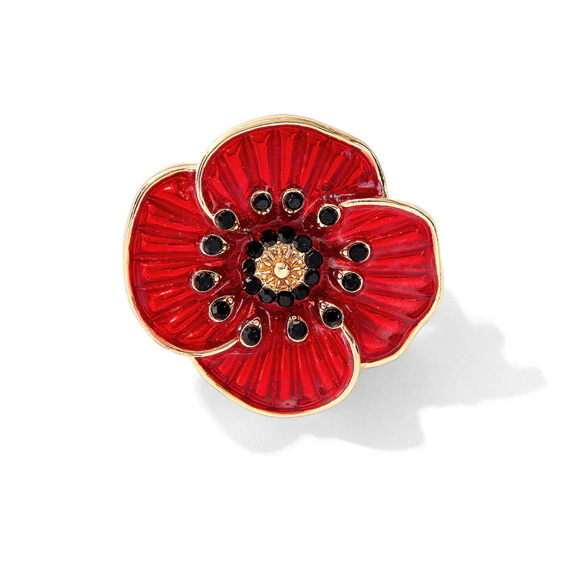 Red Poppy Gem Embellished Silver Trim Brooch - Image 5