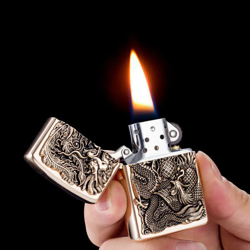 Relief Stamp Dragon Phoenix Refillable Kerosene Lighter - Image 3
