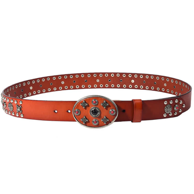Resin Gemstone Engraved Floral Rivets Leather Belt - Image 10