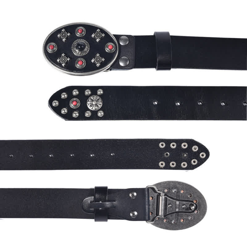 Resin Gemstone Engraved Floral Rivets Leather Belt - Image 2