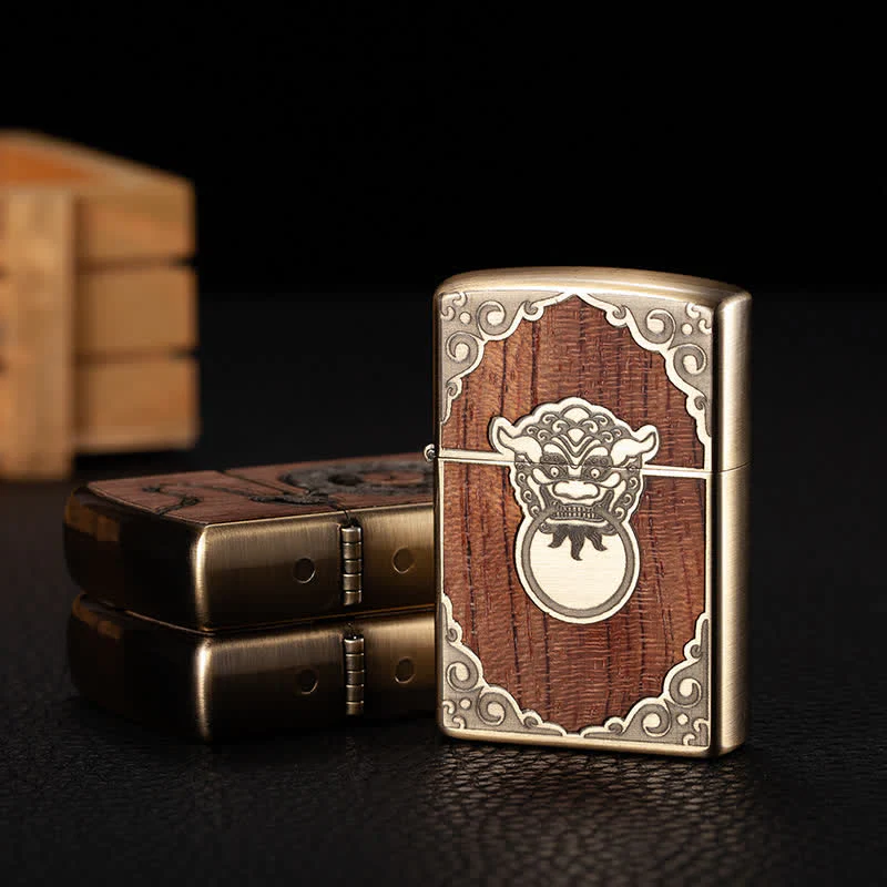Retro Carved Pattern Wooden Shell Refillable Kerosene Lighter - Image 11