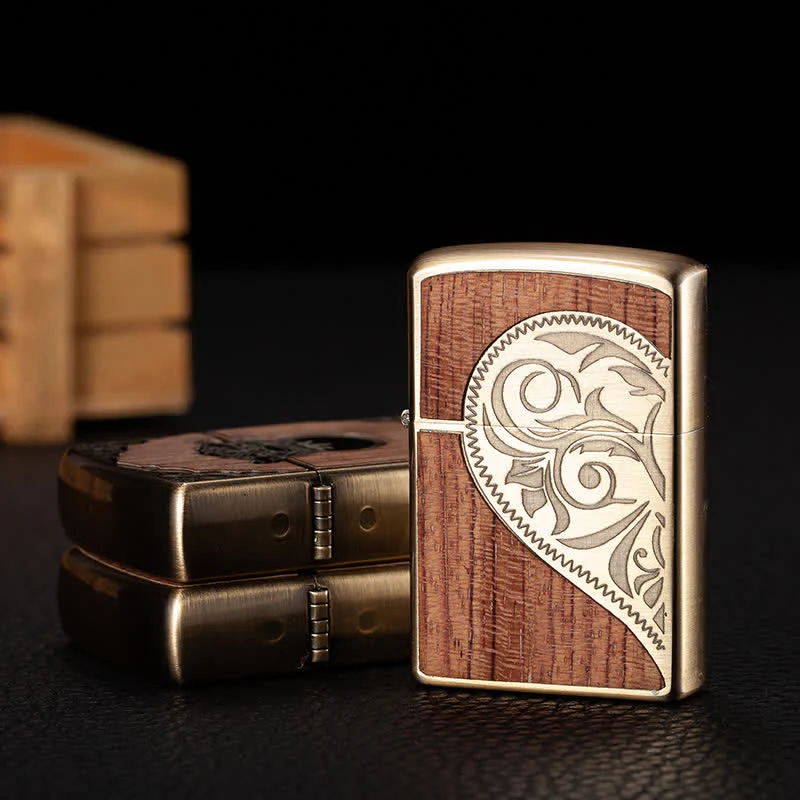 Retro Carved Pattern Wooden Shell Refillable Kerosene Lighter - Image 12