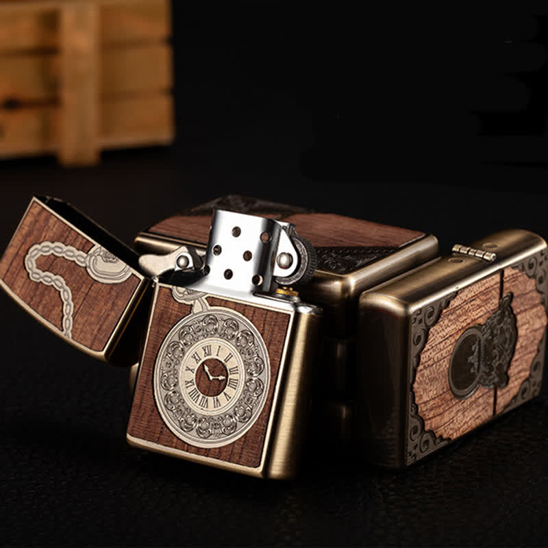 Retro Carved Pattern Wooden Shell Refillable Kerosene Lighter - Image 4