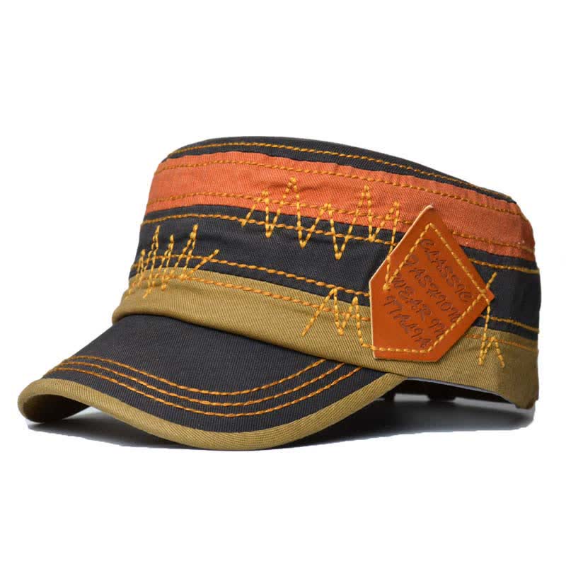 Retro Color-Blocked Leather Patch Military Style Flat Top Hat