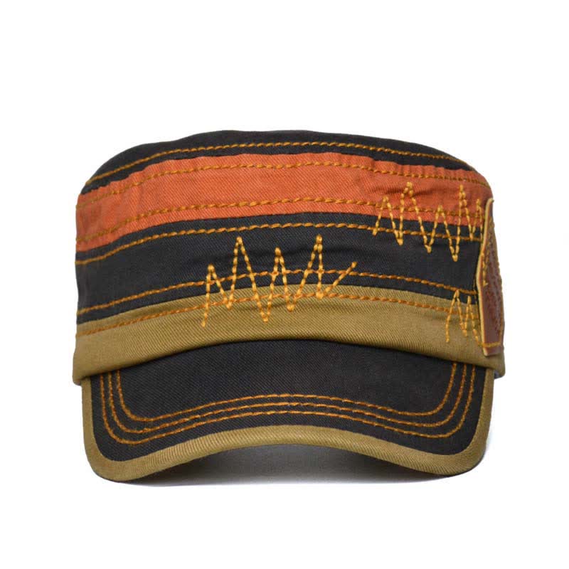 Retro Color-Blocked Leather Patch Military Style Flat Top Hat - Image 2