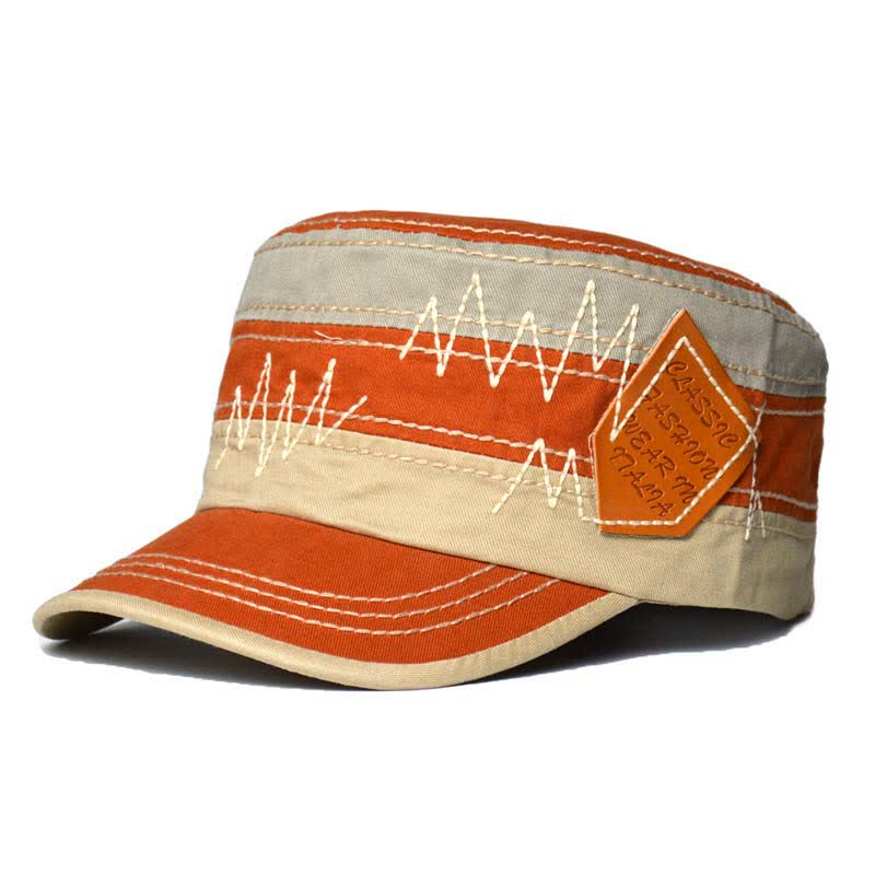 Retro Color-Blocked Leather Patch Military Style Flat Top Hat - Image 7