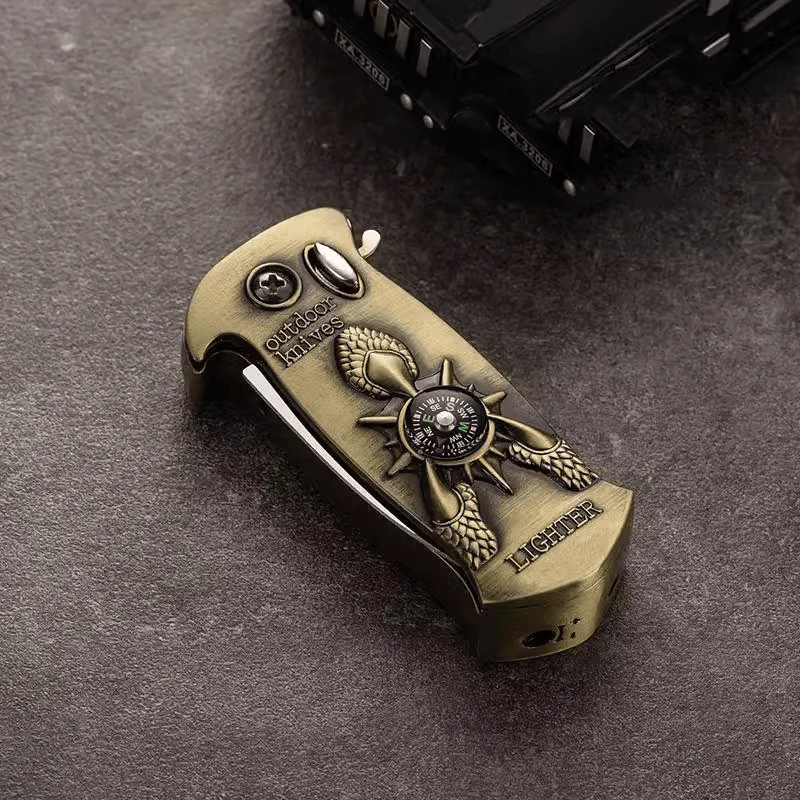 Retro Copper Dragon Claw Compass Folding Knife Lighter